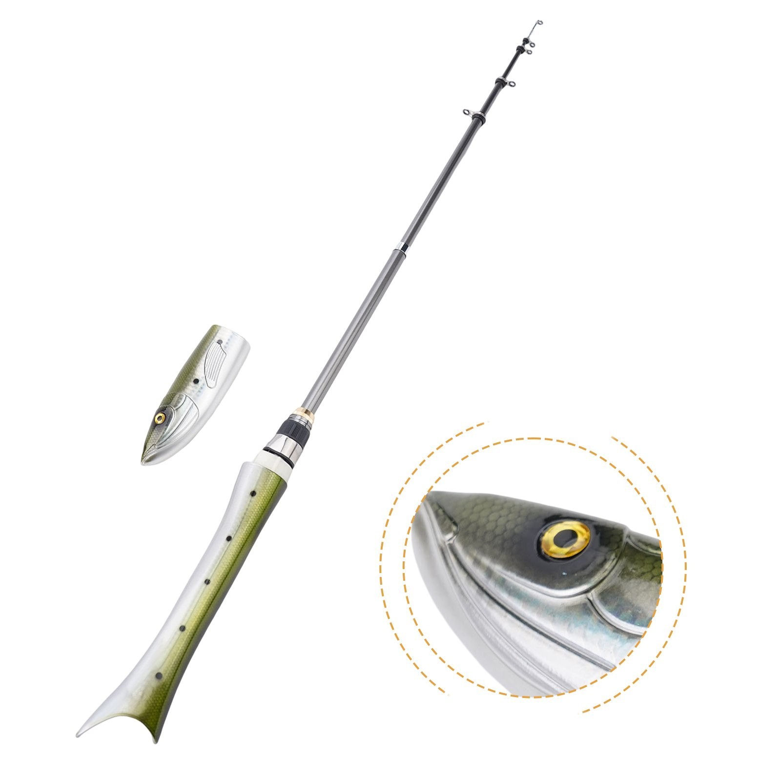 Carbon Fiber Fishing Rod with Unique Fish Shaped Design Blue Green or Red