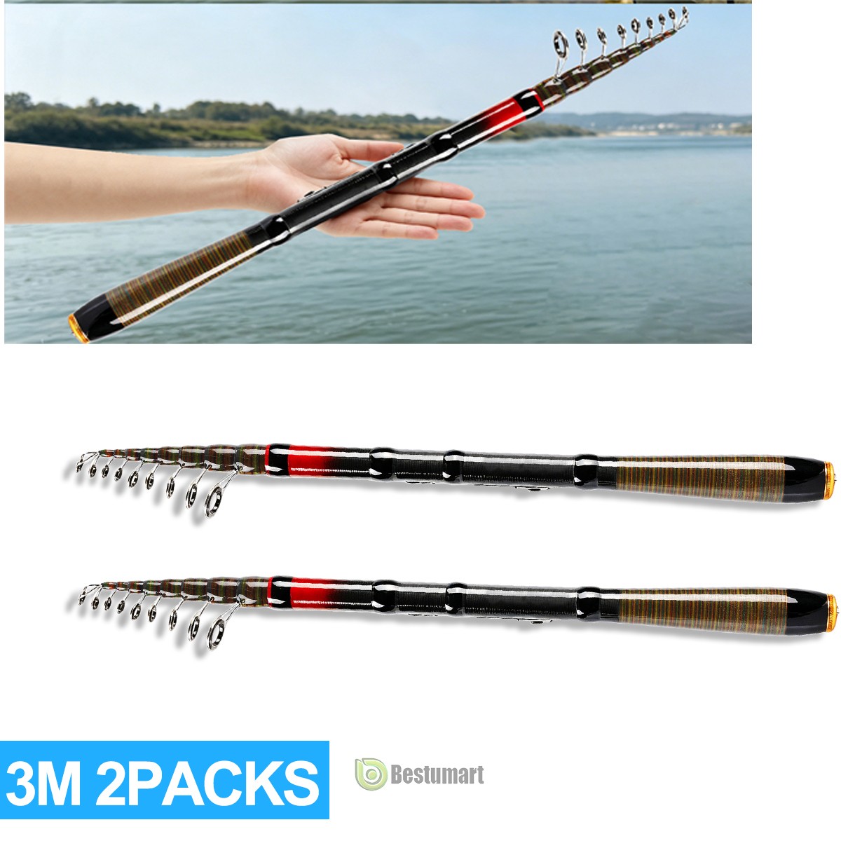 2/4X Carbon Fiber Telescopic Fishing Rod Spinning Pole Sea Saltwater Freshwater