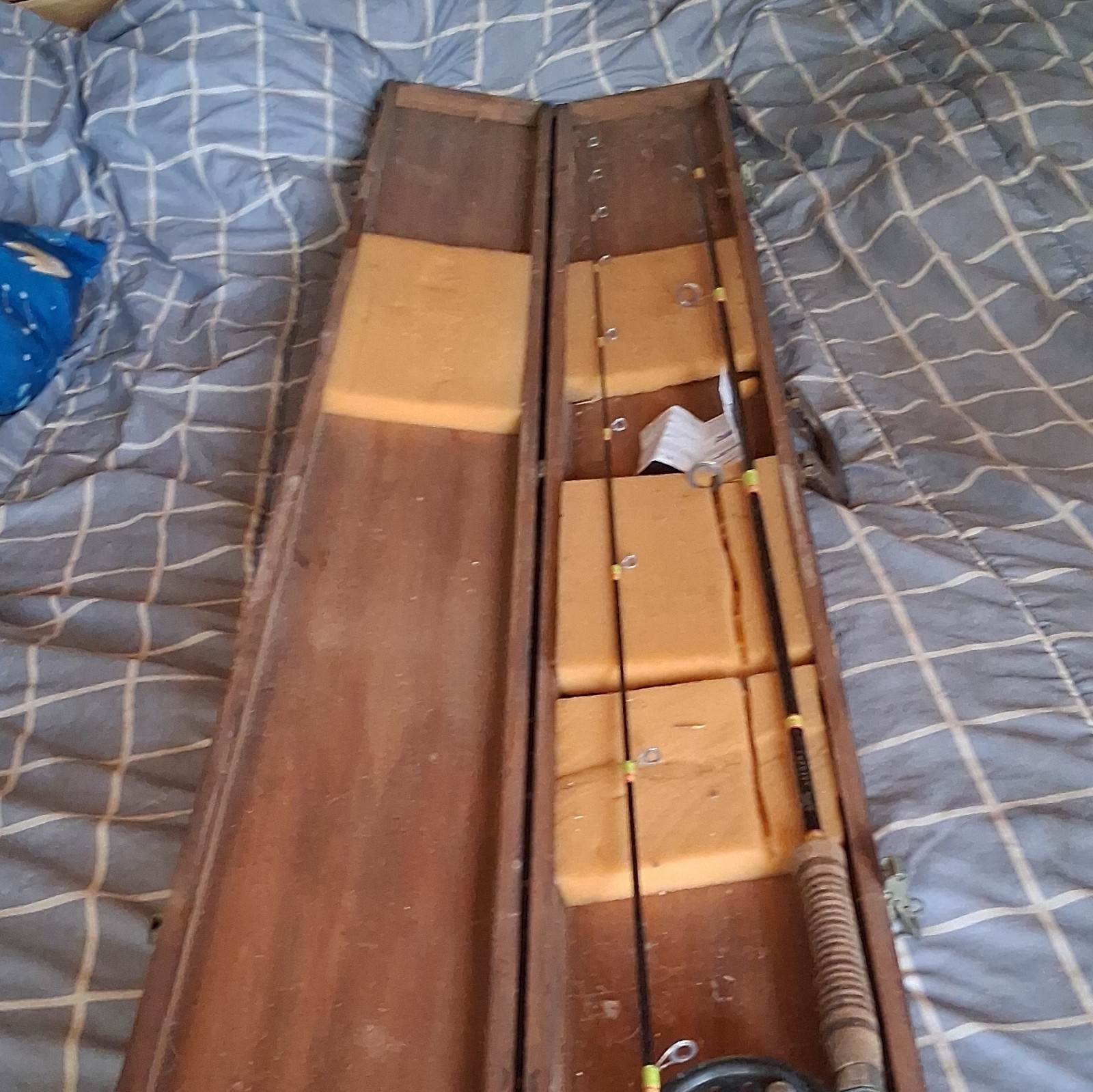 Fishing Rod in Wooden Case – Rod Sections Visible, Includes Wood Storage Case
