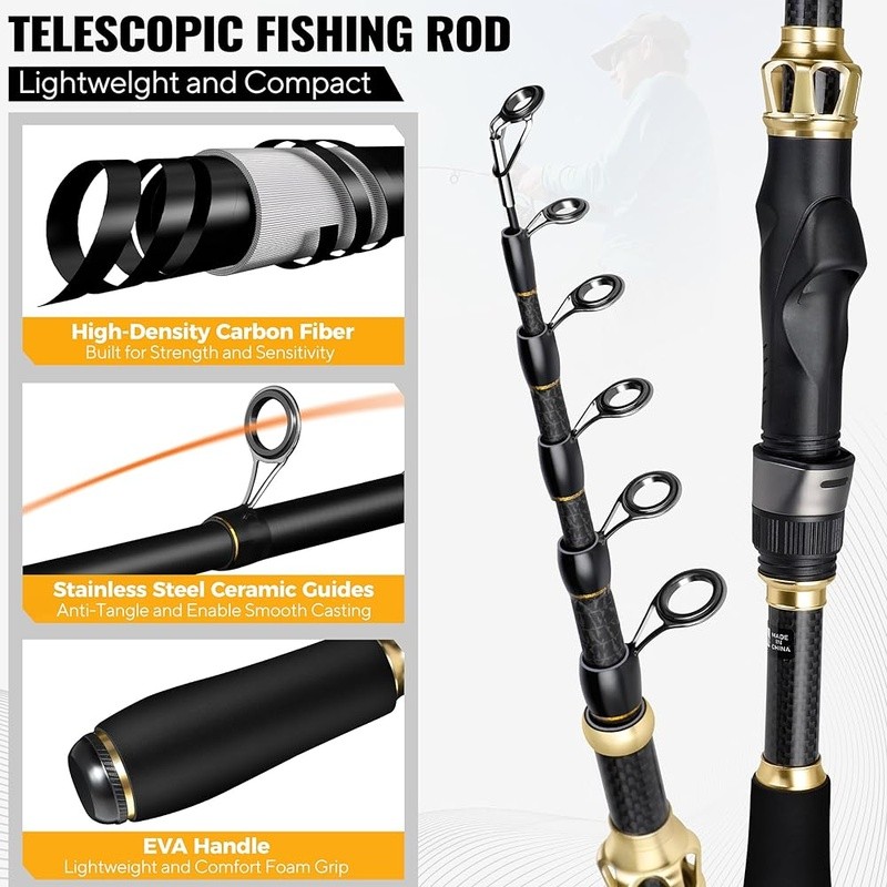 Telescopic Fishing Rod Carbon Fiber Sensitive Durable Guides Portable Carry Bag