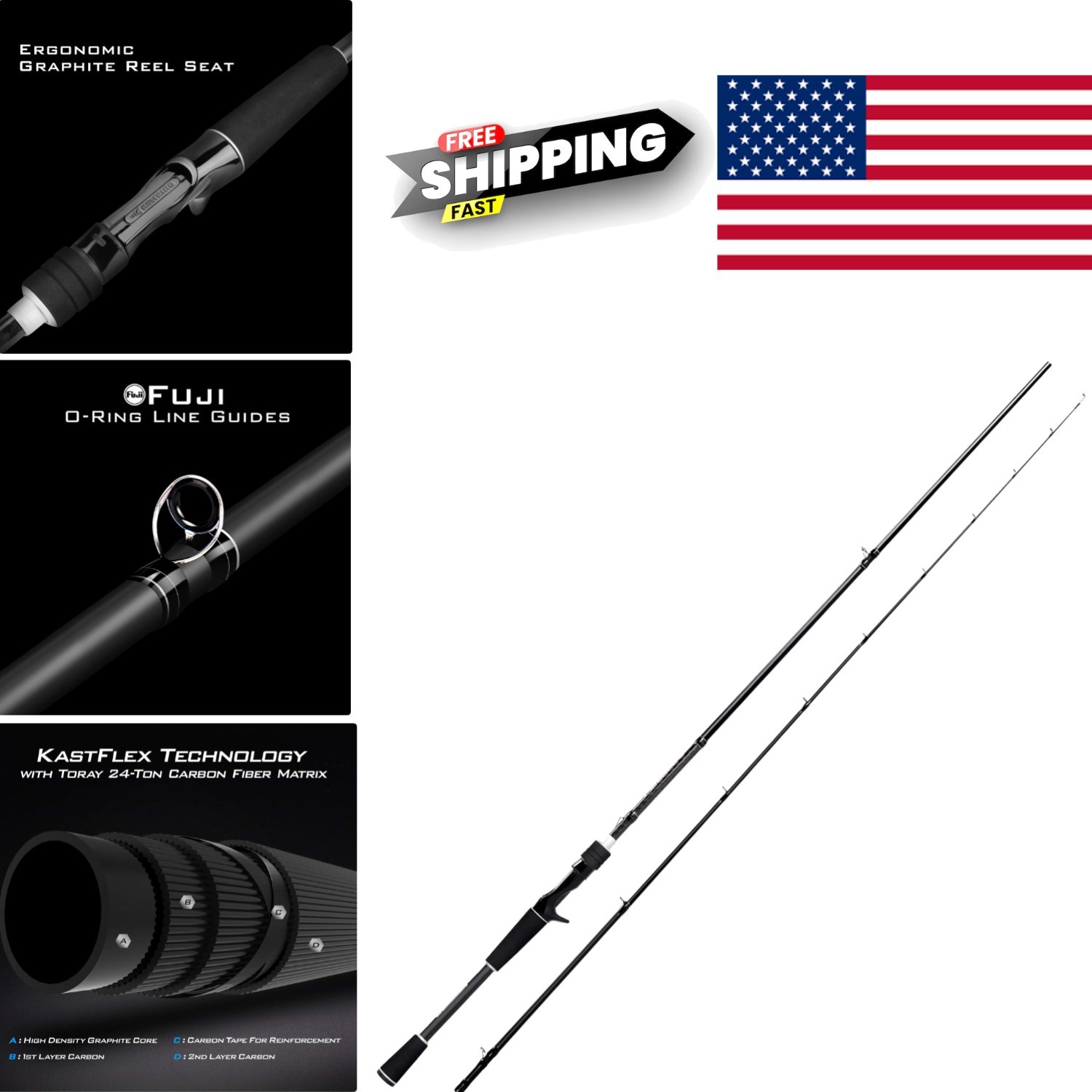 Graphite Casting Rod 7 Feet 6 Inches Durable Construction for Bass Trout Fishing