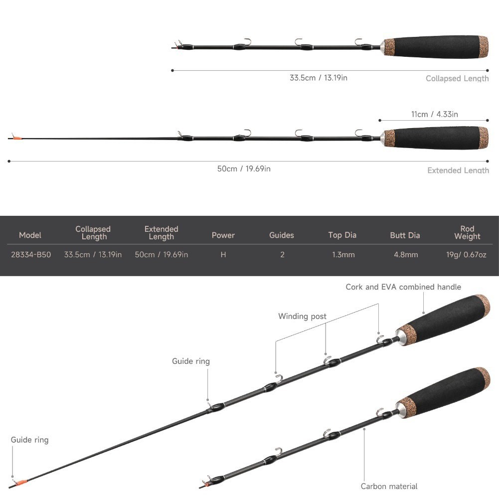 for 2 Section Telescopic Ice Fishing Rod Carbon Fiber 50cm With Wooden Grip