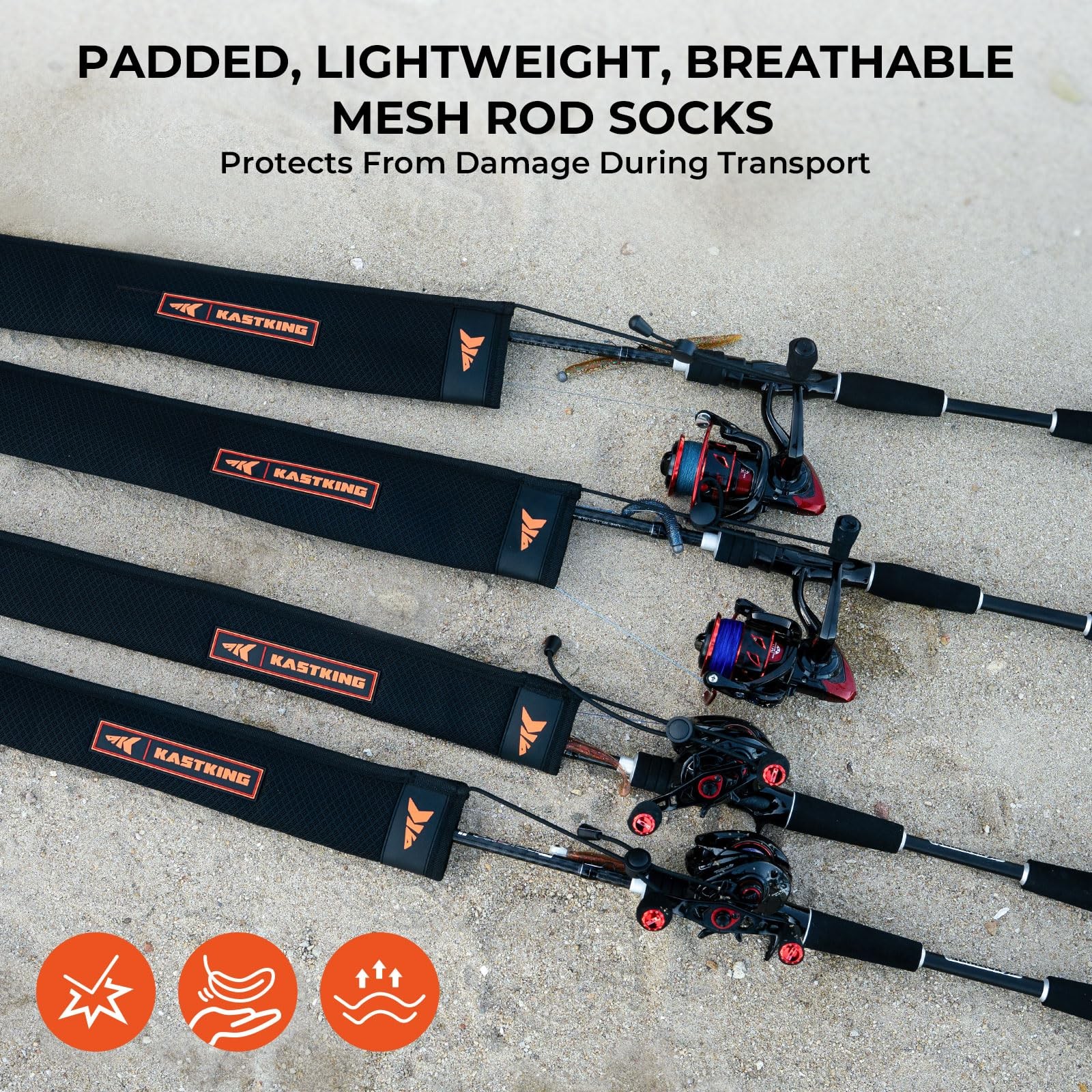 KastKing MeshGuard Rod Socks, Thick Padded Mesh Fishing Black 4 Pcs