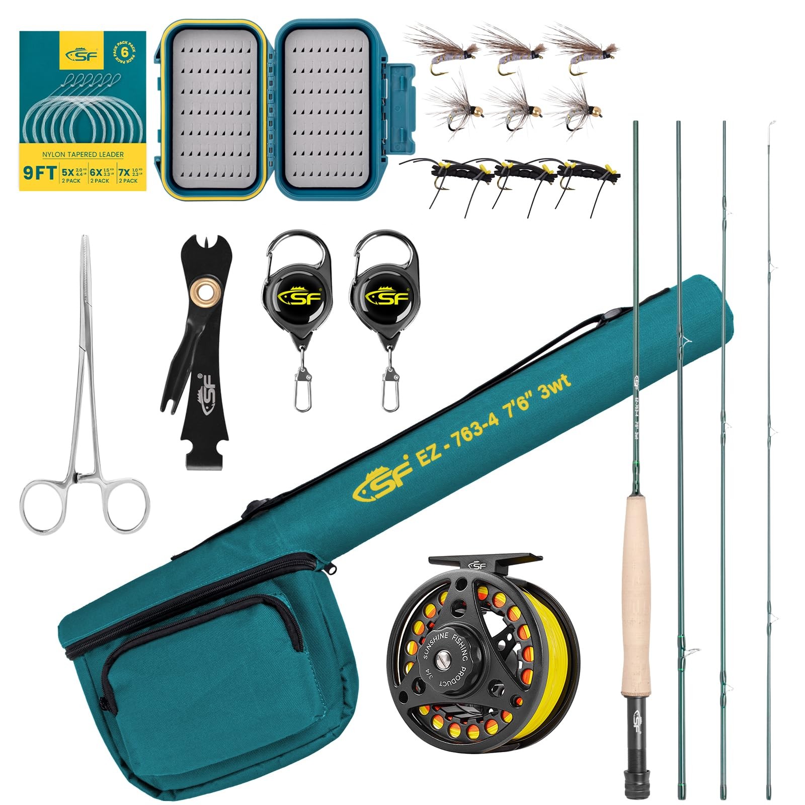 SF Fly Fishing Rod Combo Starter Kit 4 Piece 3WT 7.6FT Emerald Green 24T Car…