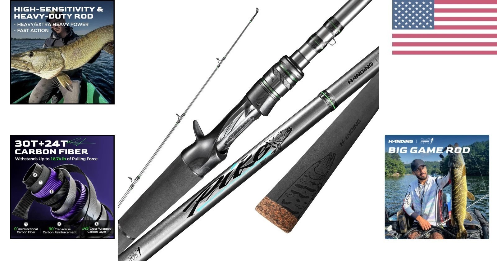 M1 Pike Heavy Fishing Rod Musky Rod 2-Piece Casting Rod with 30+24T Carbon Se…