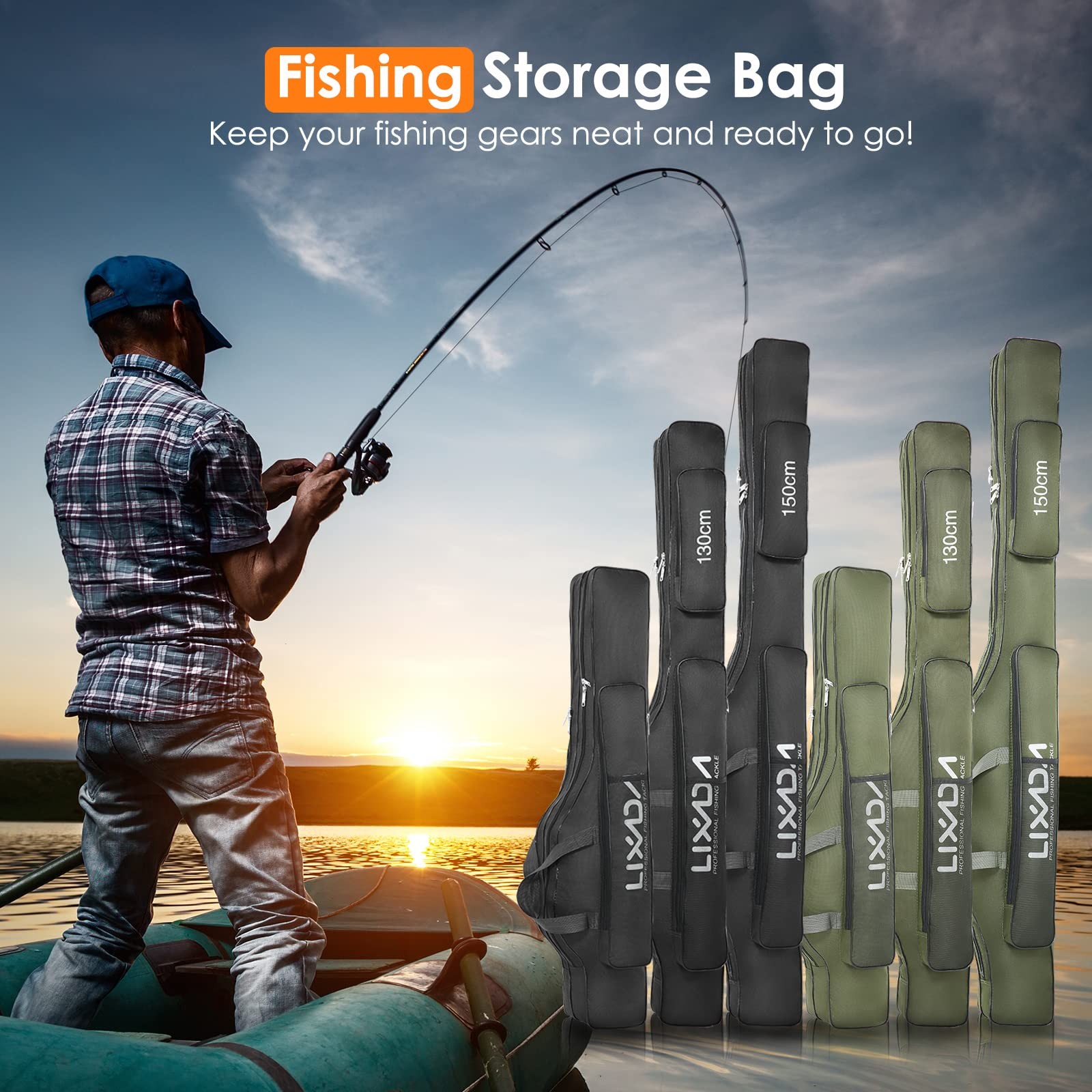 Lixada Fishing Rod Case Portable Folding Storage Bag Fishing Gear Organizer