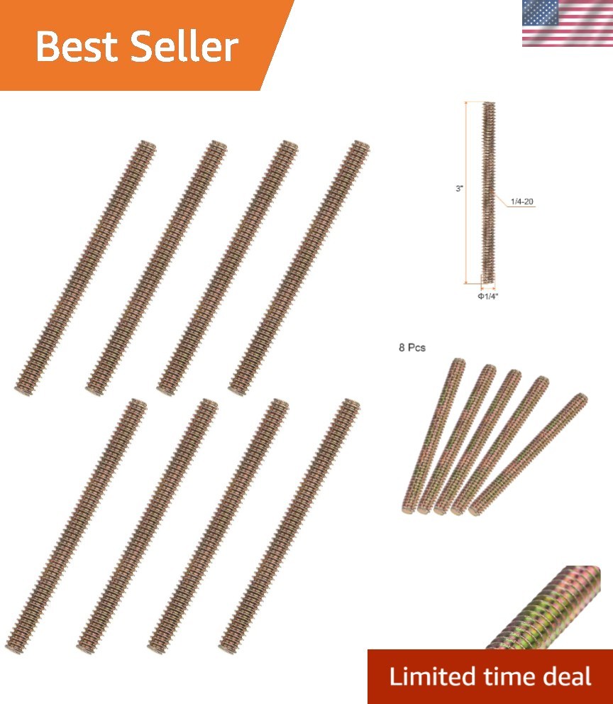 DIY Essential 8 pcs 1/4″-20 Fully Threaded Rods, 3 Inch Carbon Steel Fasteners