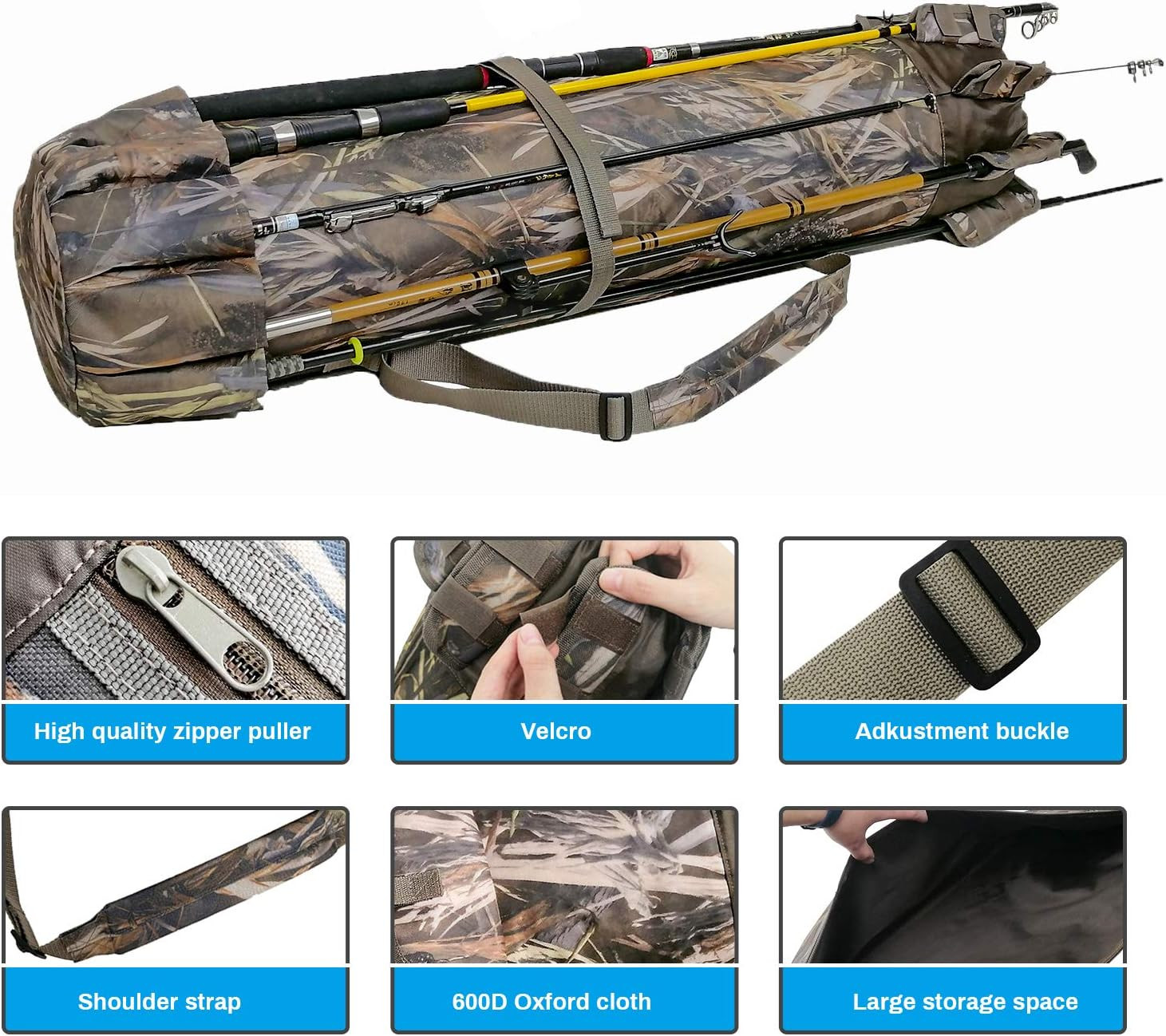 Durable Canvas Fishing Rod & Reel Organizer Bag Travel Carry Case Bag- Holds 5 P