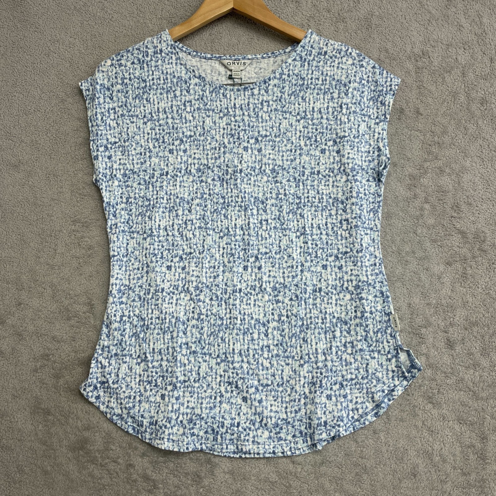 Orvis Women’s XS Blue & White Printed Linen Blend Cap Sleeve Top n1118