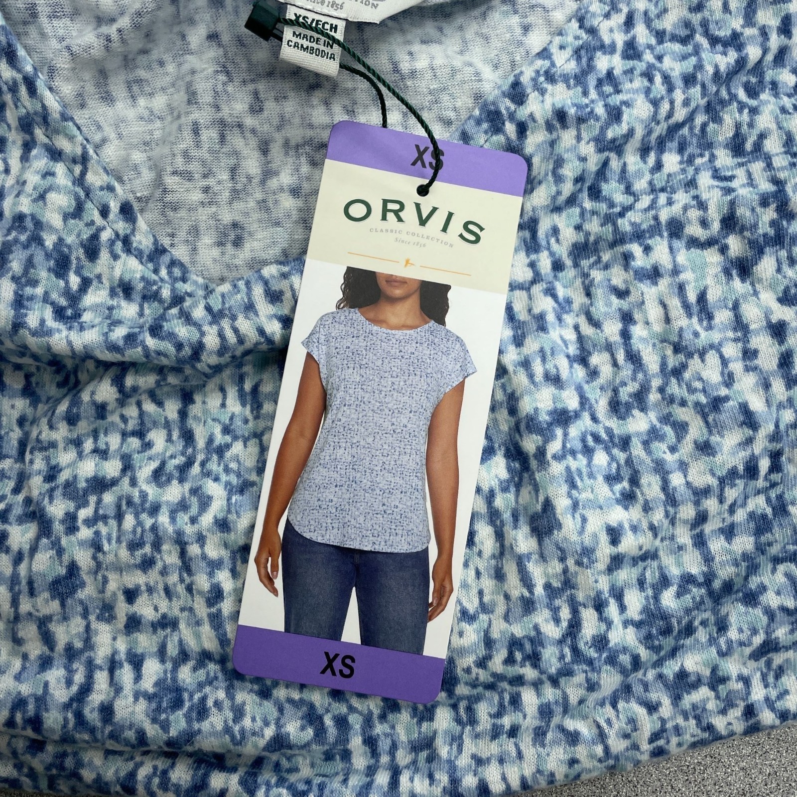 Orvis Women’s XS Blue & White Printed Linen Blend Cap Sleeve Top n1118