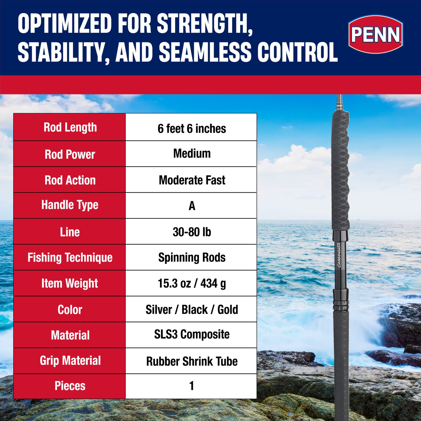 Penn Carnage III Spinning Jigging Rod, 6’6″ Length Fishing Pole, Medium Power