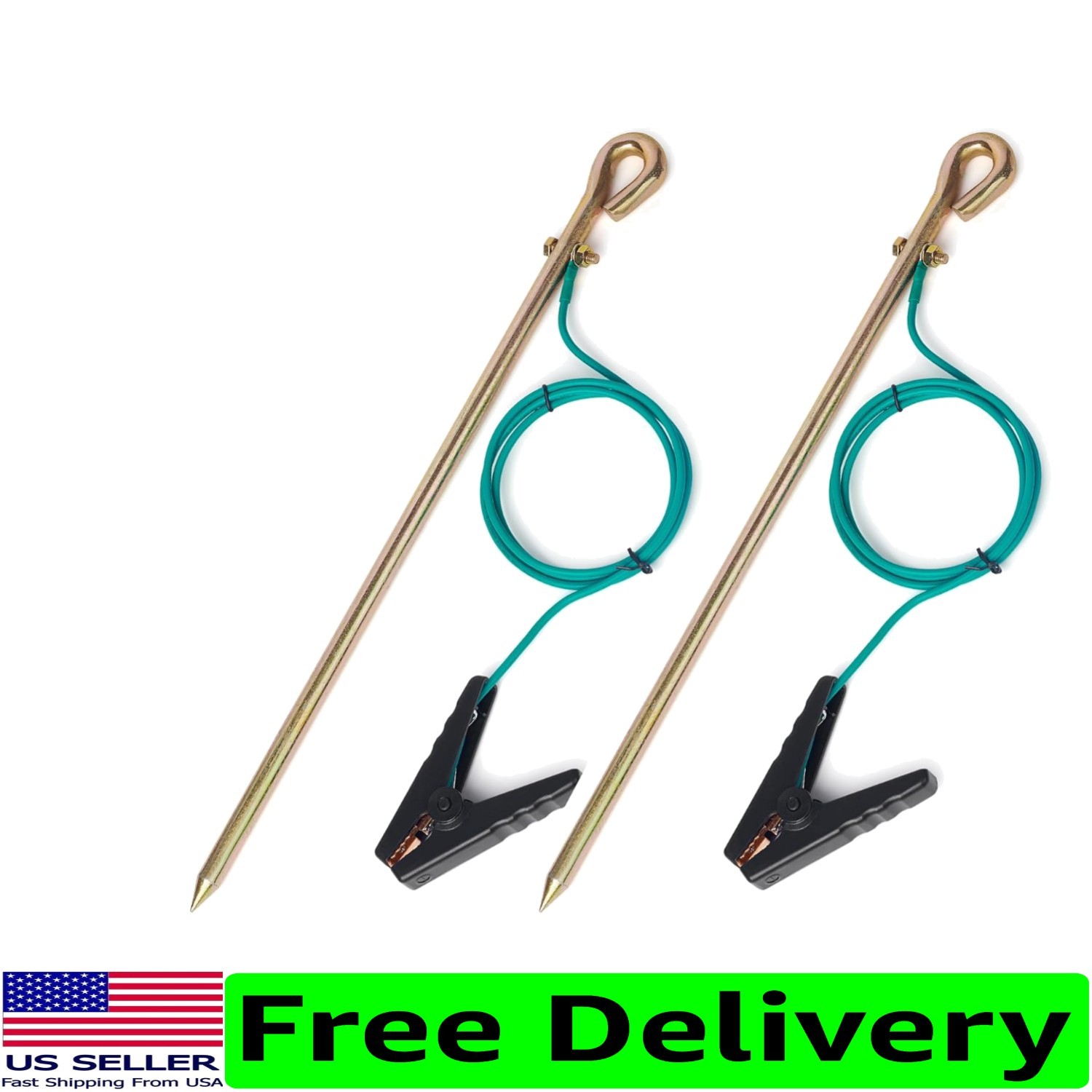 Set of 2 Portable Ground Rods with 4ft Listed Grounding Wire & Crocodile Clip