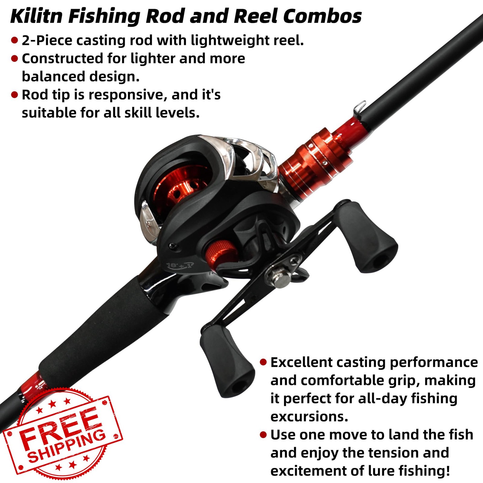 Kilitn Fishing Rod Reel Combo: Baitcasting, 6-7ft, Fiberglass Carbon