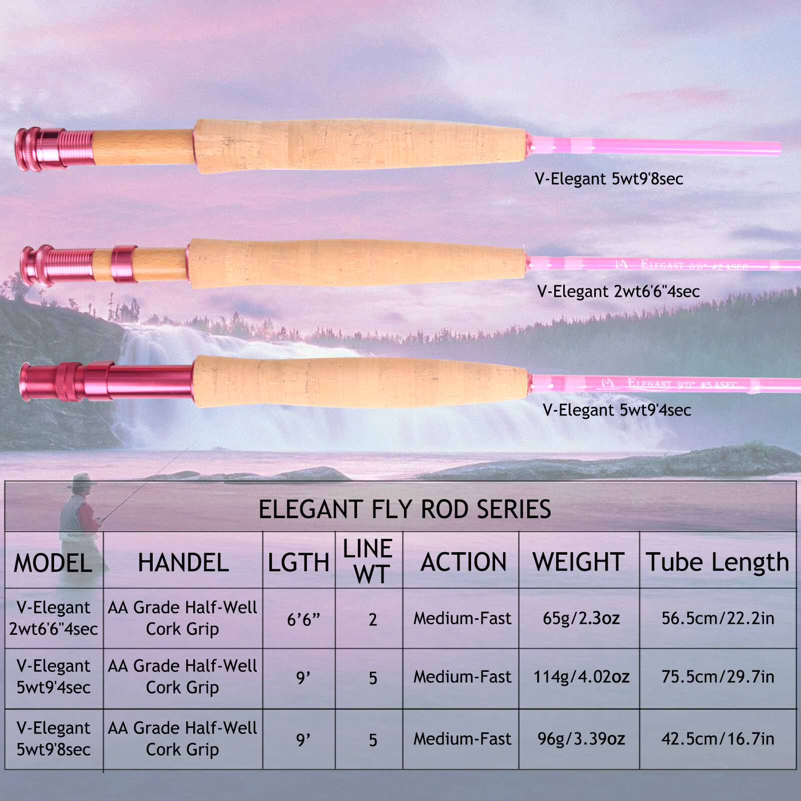 Women’s Elegant Pink 2wt/5wt Medium-Fast Action Fly Fishing Rod Combo