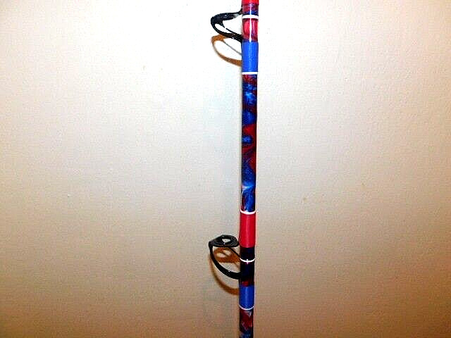 CUSTOM CONVENTIONAL BOAT ROD 7′ RED WHITE BLUE MARBLE 50-80 LB TURBOS NEW