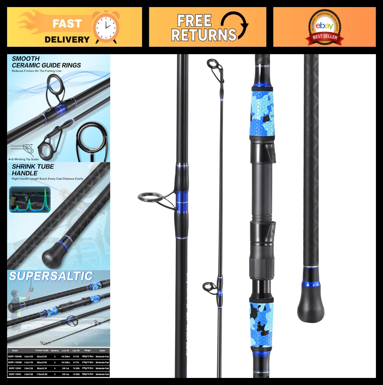 Portable 4-Piece Surf Fishing Rod – Carbon Fiber, MH/H, 10’/11’/12’/15′ – Saltwa