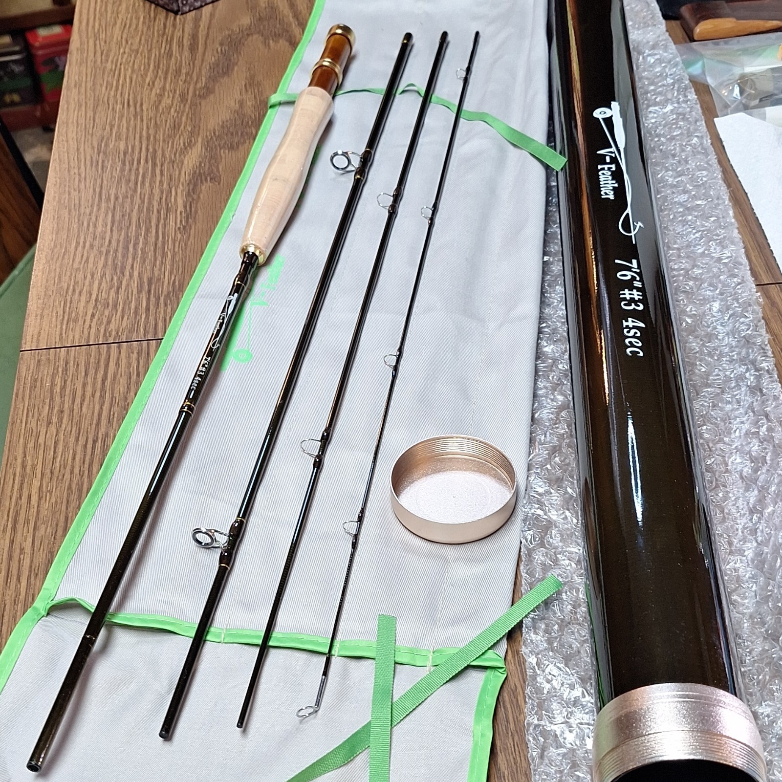 V-Feather Premium 7 ft 6 in 3 wt 4 Piece Fly Rod Full Cork Portable Tube Sock
