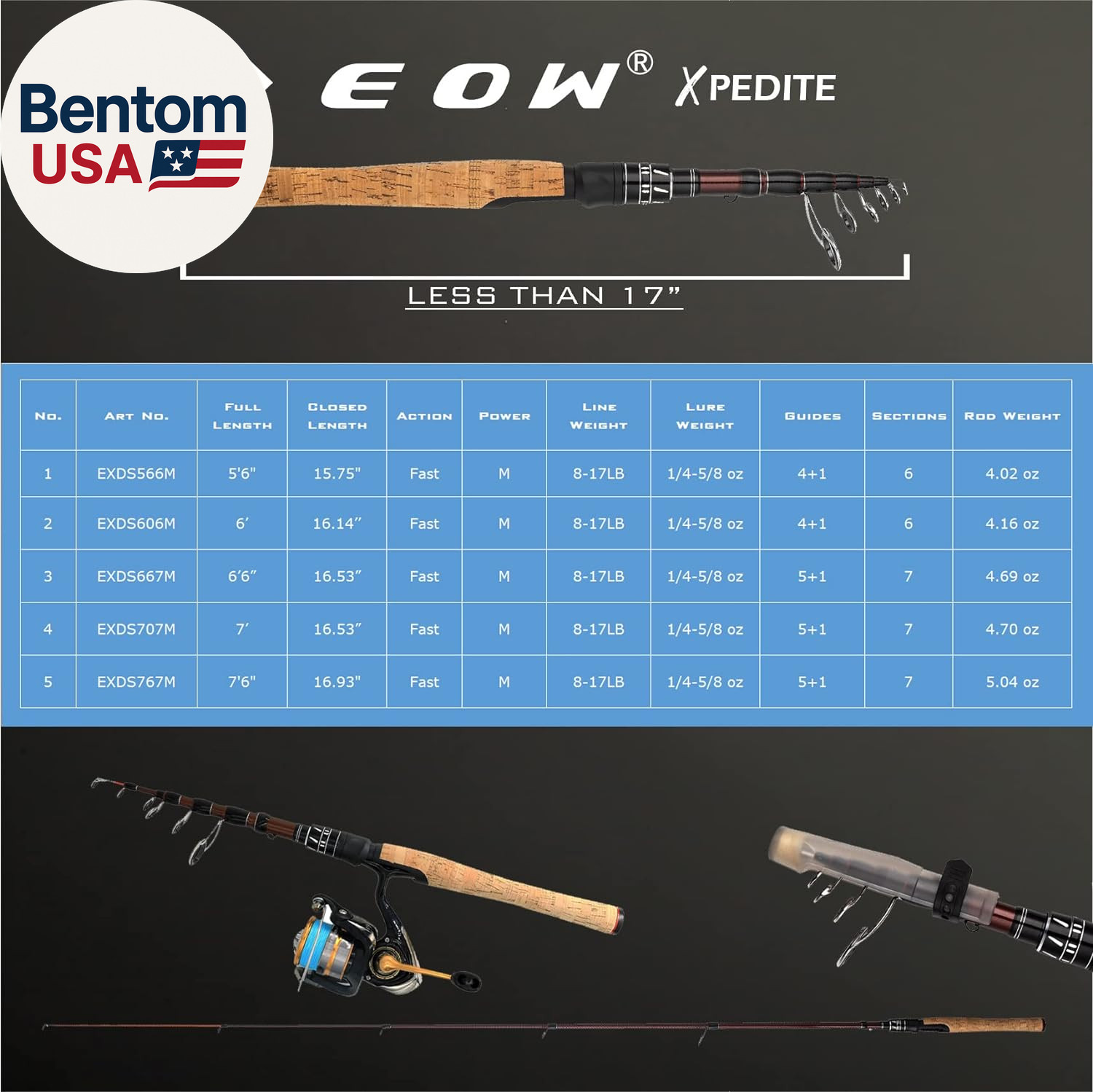 XPEDITE Portable Telescopic Fishing Rods, Spinning & Casting, 24T Carbon Blanks