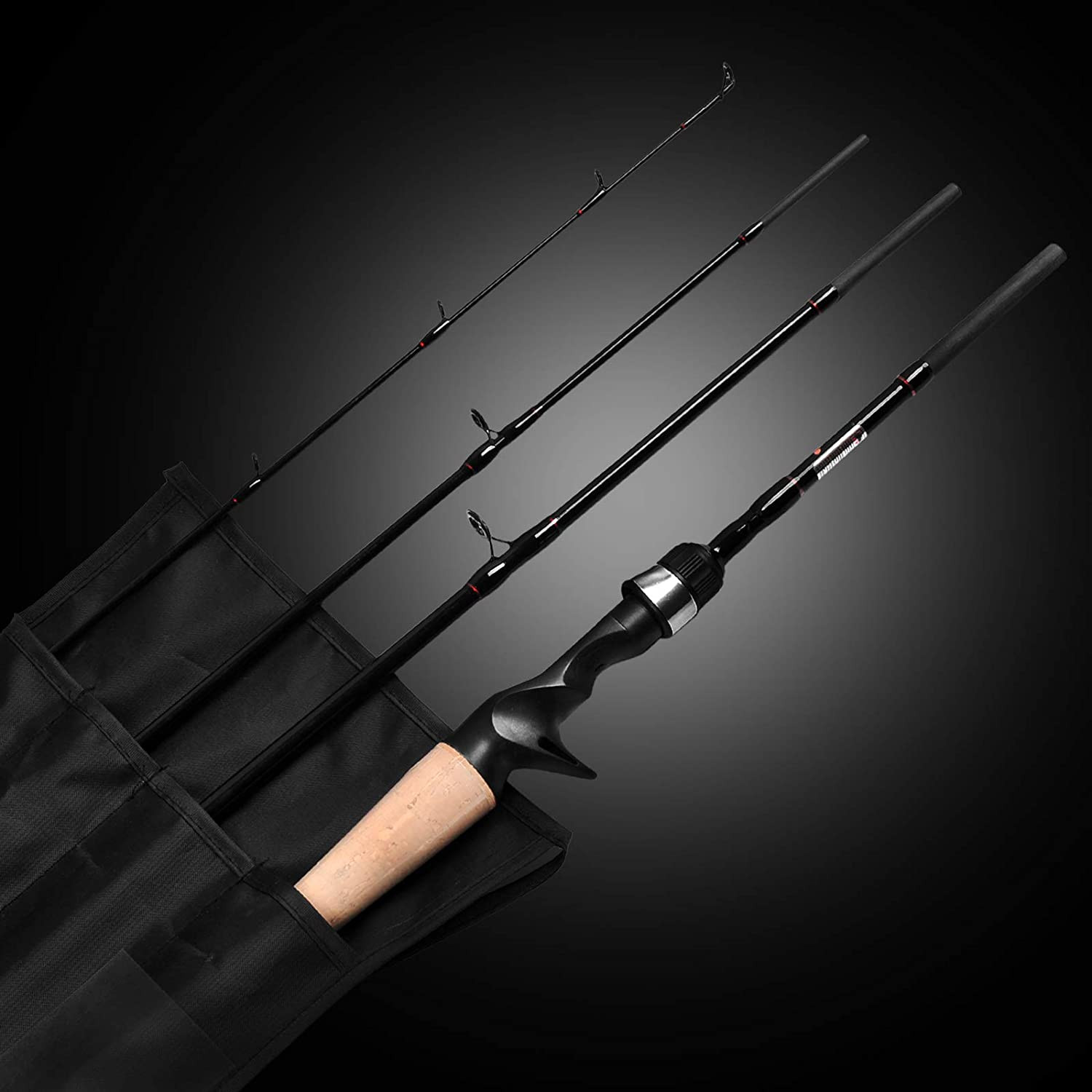 4-Piece Travel Casting Rod Carbon Baitcasting Portable Fishing Pole Baitcaster