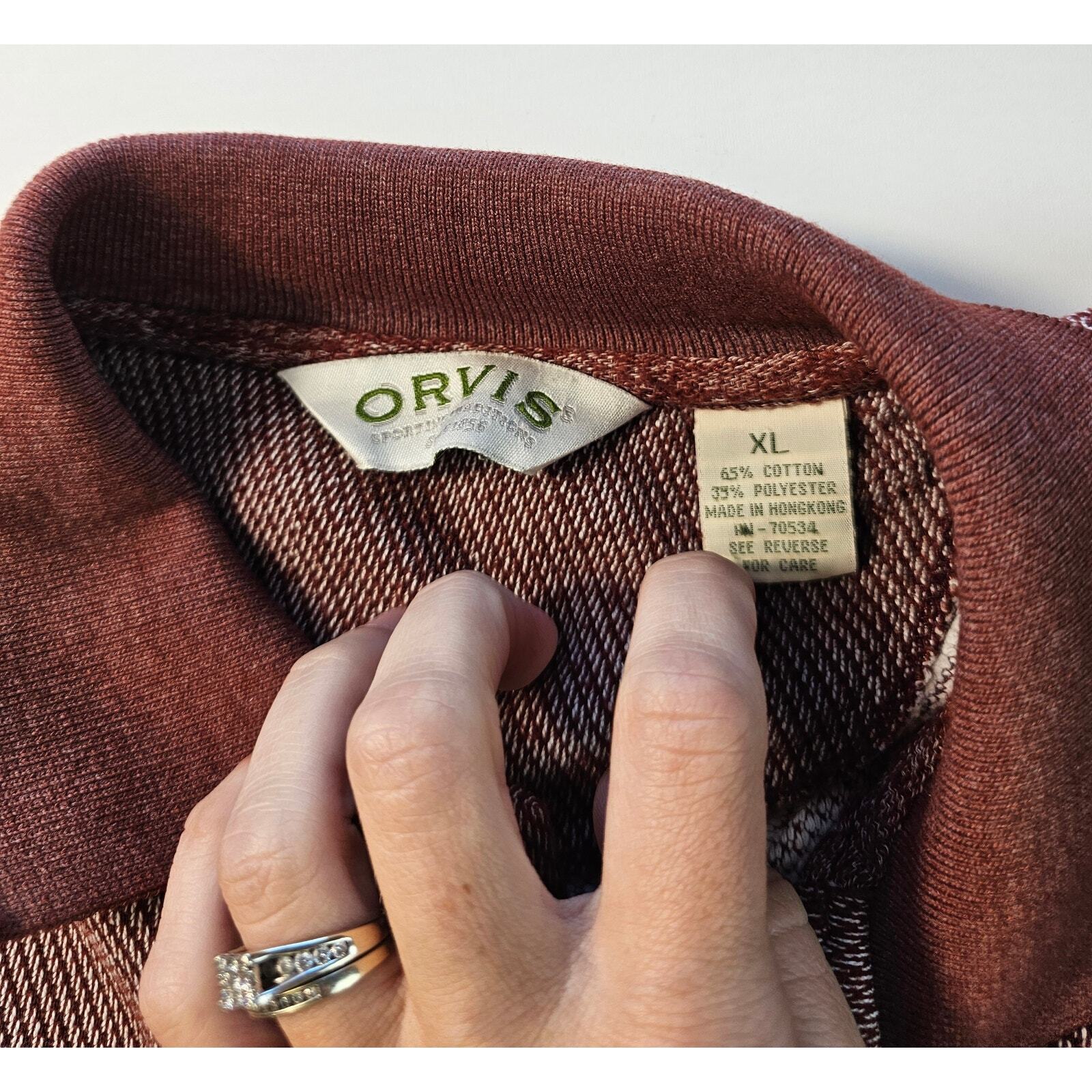 Vintage Orvis size red knit sweater banded bottom elbow patches winter mens XL ^