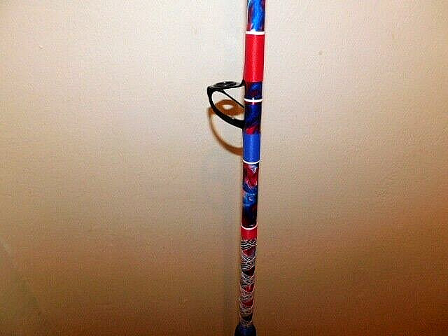 CUSTOM CONVENTIONAL BOAT ROD 7′ RED WHITE BLUE MARBLE 25-50 LB TURBOS NEW