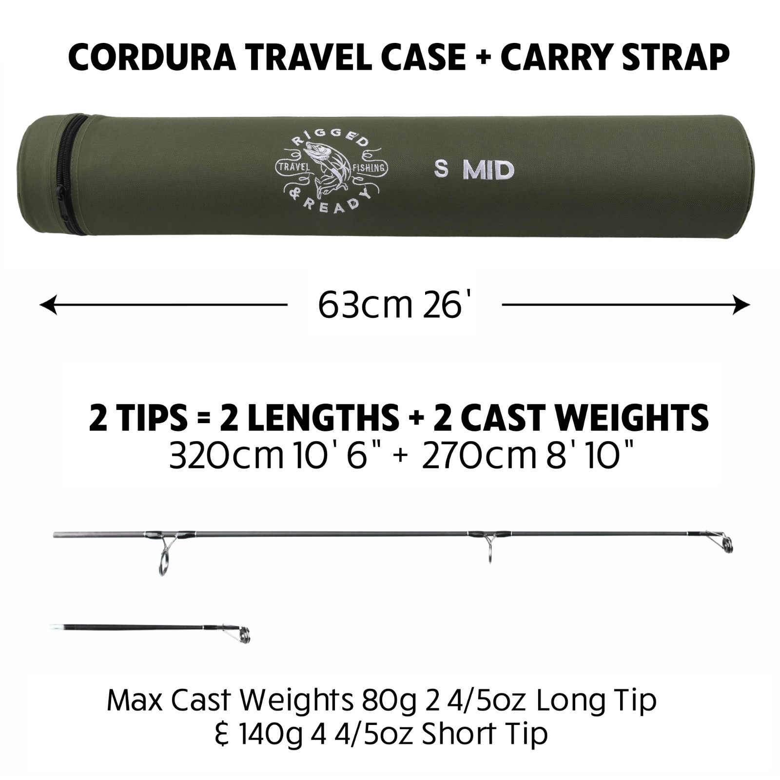 S MID Strong Predator Carp Travel Fishing Rod & Case 10.5′ Light-Sea,freshwater