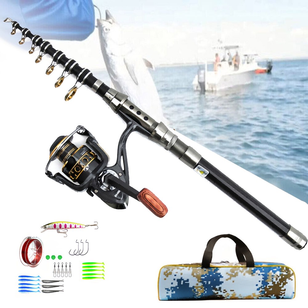 71″ Carbon Fiber Telescopic Fishing Pole Rod Reel Combo Sea Saltwater Freshwater