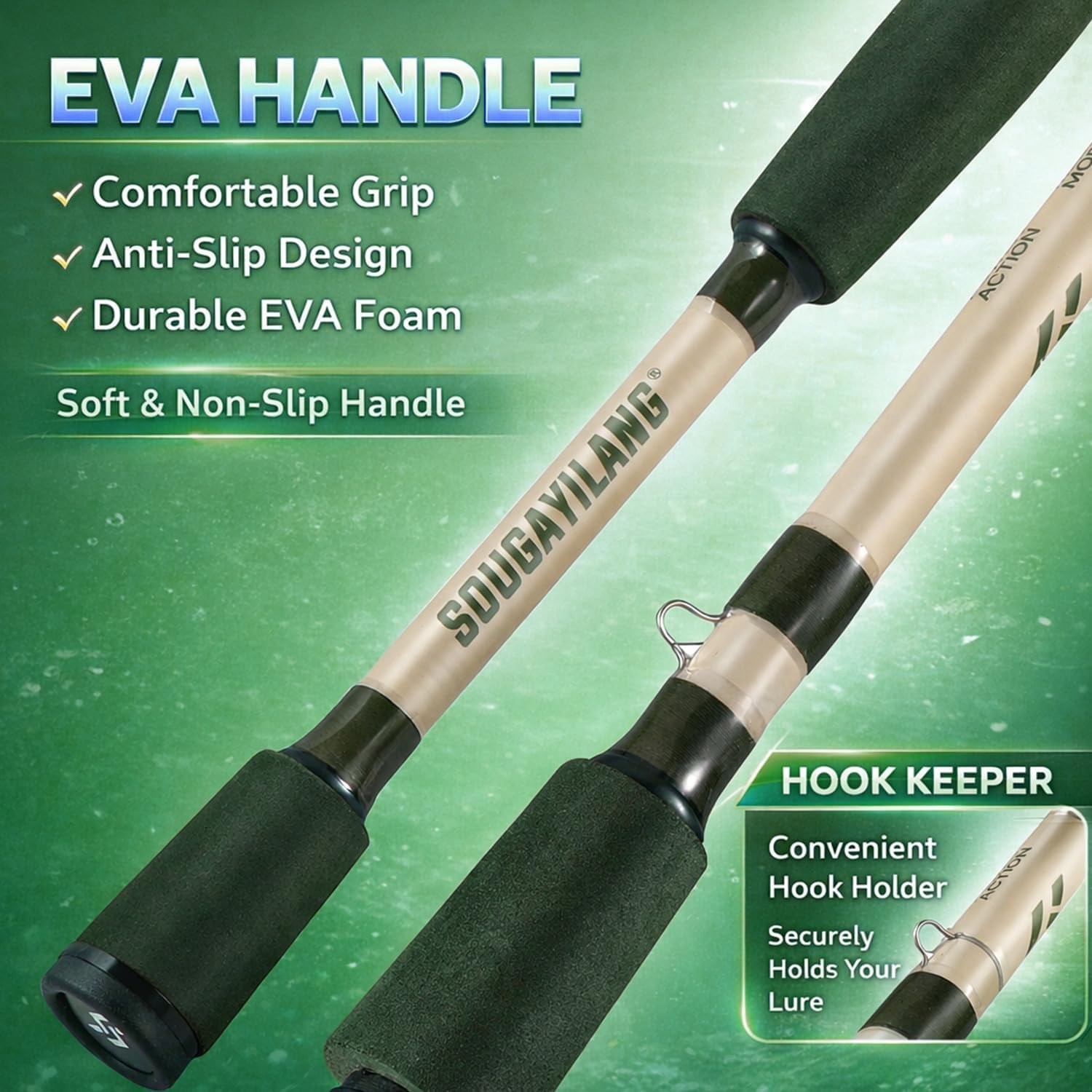 24T Carbon Glass Spinning Rod 2pc 6ft Bass Trout Crappie Travel Fishing – Green