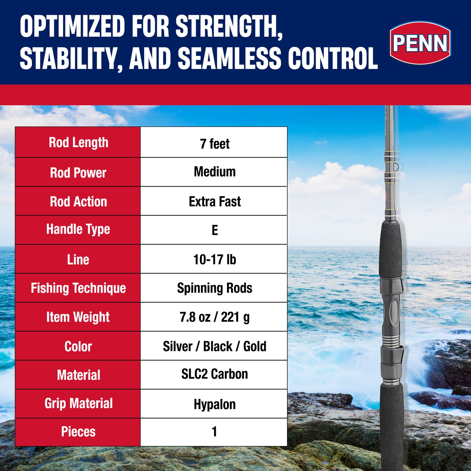 PENN Carnage III Inshore Spinning Rod, 7′ Fishing Pole, Medium Power, Extra Fast