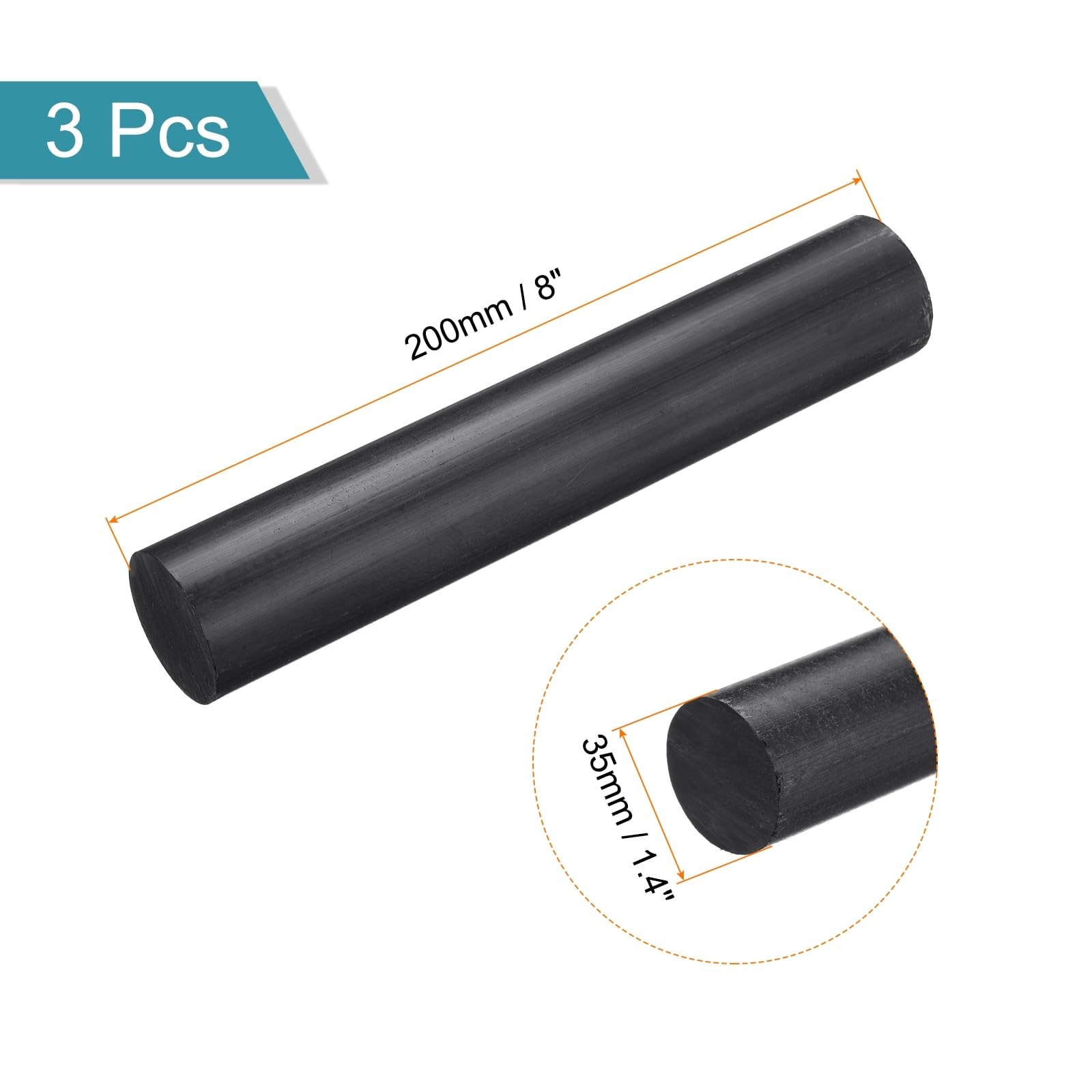 ABS Plastic Rod Round Solid Bar 35mm x 200mm Black DIY Model Material 3 PCS
