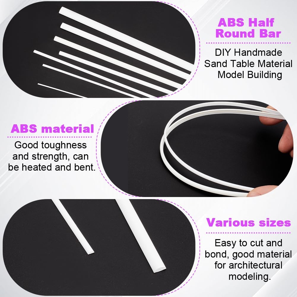 ABS Plastic Half Round Bar Rods 56 Pcs 7 Styles Solid Acrylic Dowel Model DIY