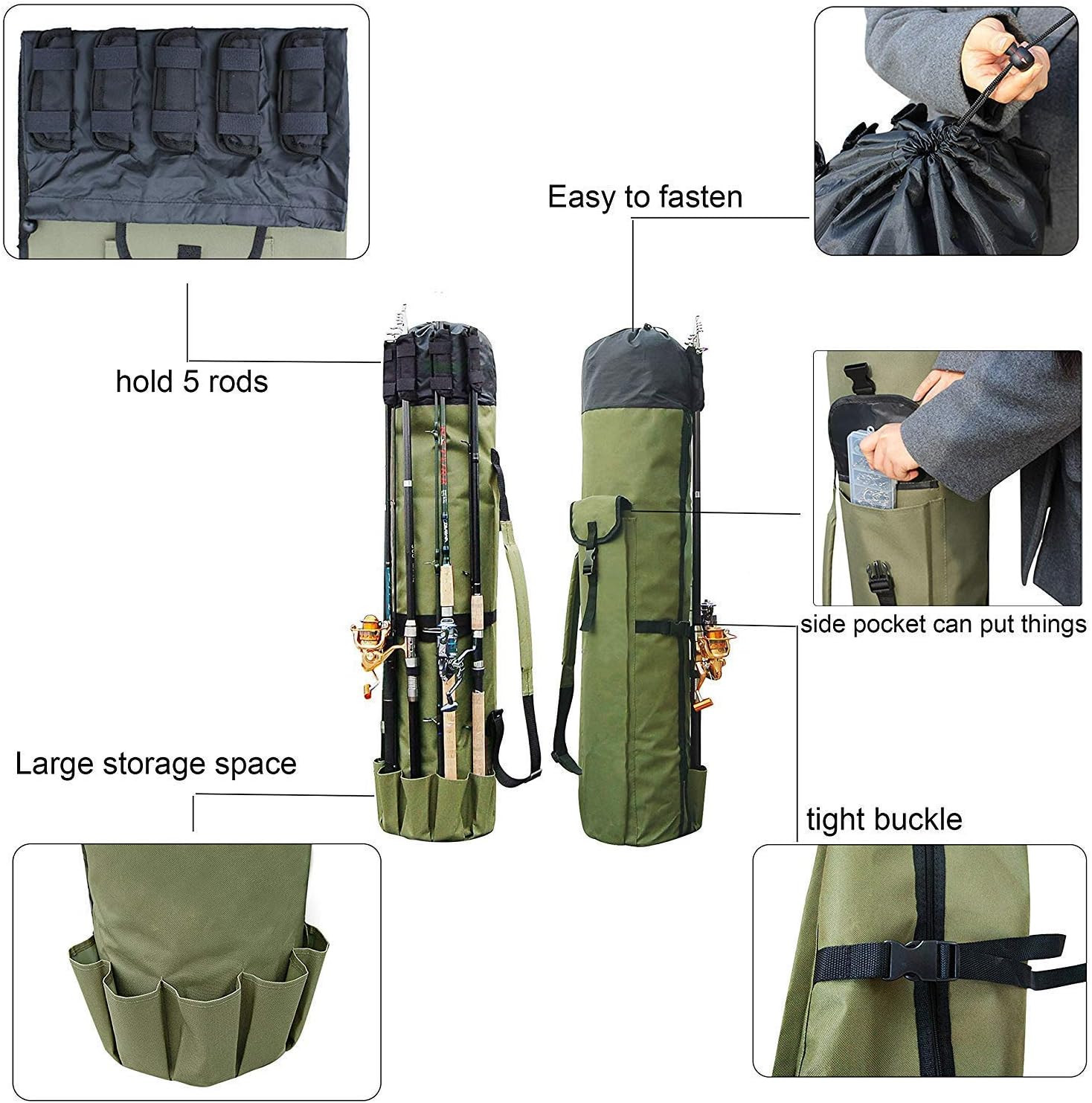Durable Canvas Fishing Rod & Reel Organizer Bag Travel Carry Case Bag- Holds 5 P