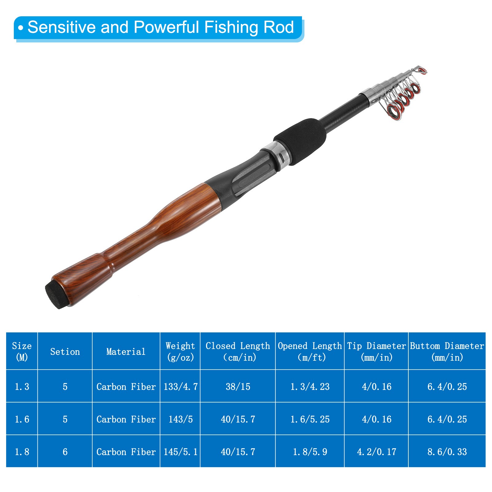 Telescopic Fishing Rod 1.8 M, Fiberglass Fishing Poles, Black & Wood Color