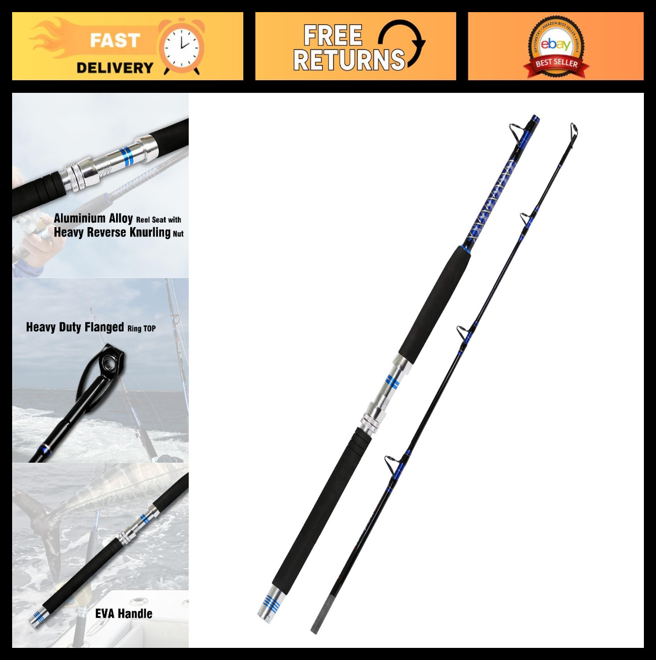 Saltwater Offshore Trolling Rod – 1-Piece/2-Piece Big Game Fishing Pole for Boat