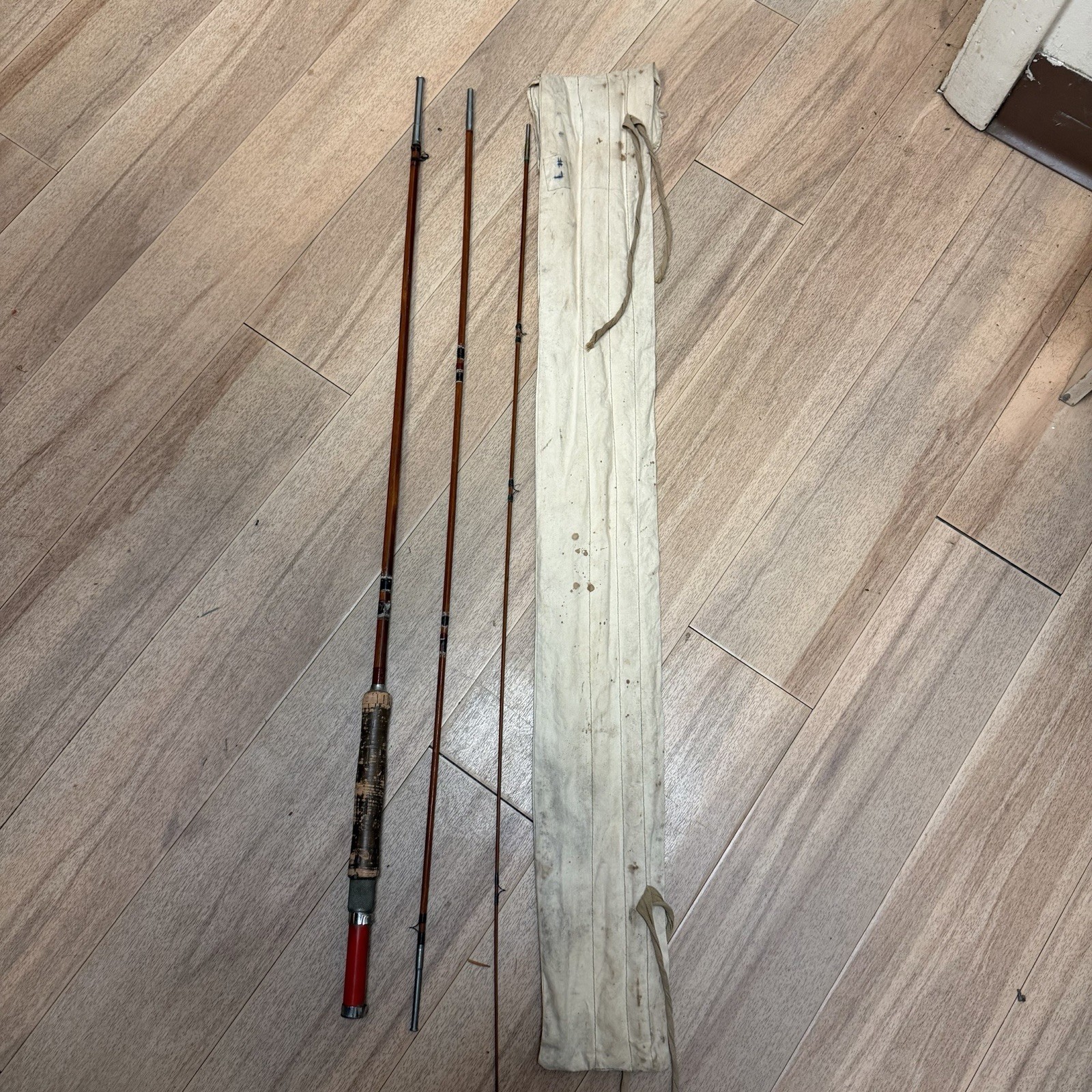 Vintage Bamboo Fly Rod W/ Sock & Canvas Bag Trout Rod Montague? South Bend?