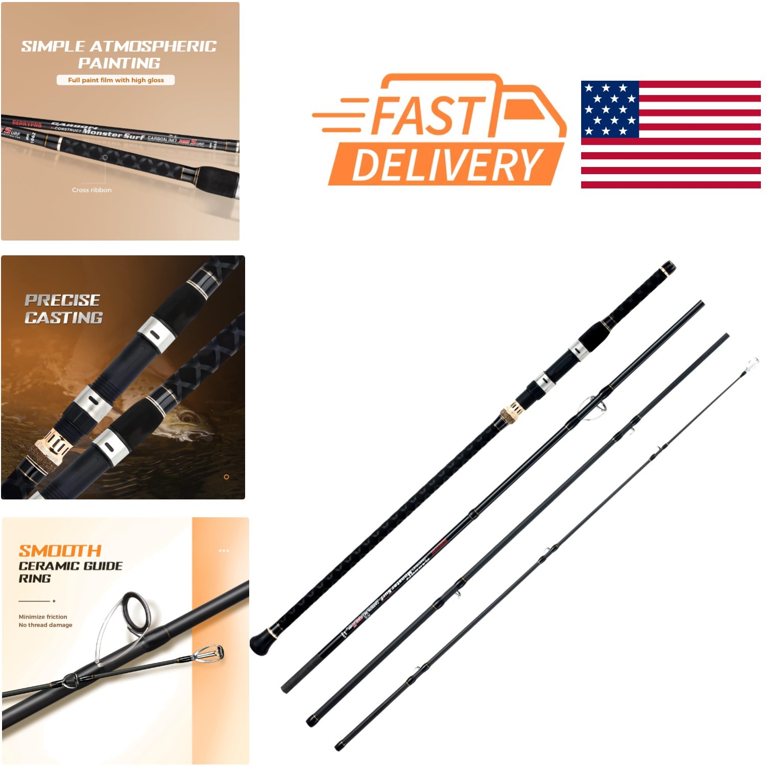 Surf Spinning Fishing Rod 15 Feet Rubber Grip Graphite Lightweight Durable Build