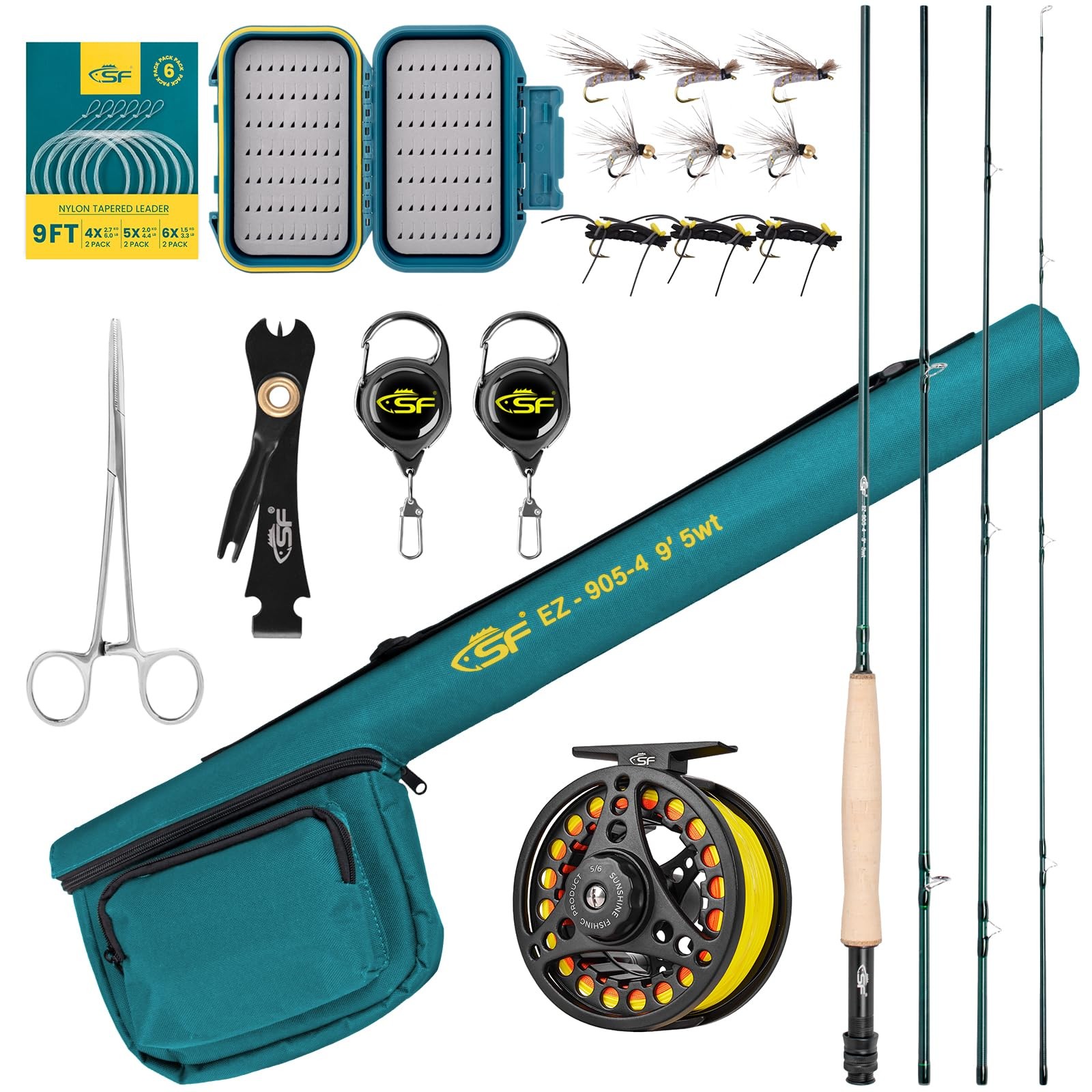 SF 5WT 9FT Fly Fishing Rod Combo Starter Kit 4 Piece Semi Gloss Green Jade Finis