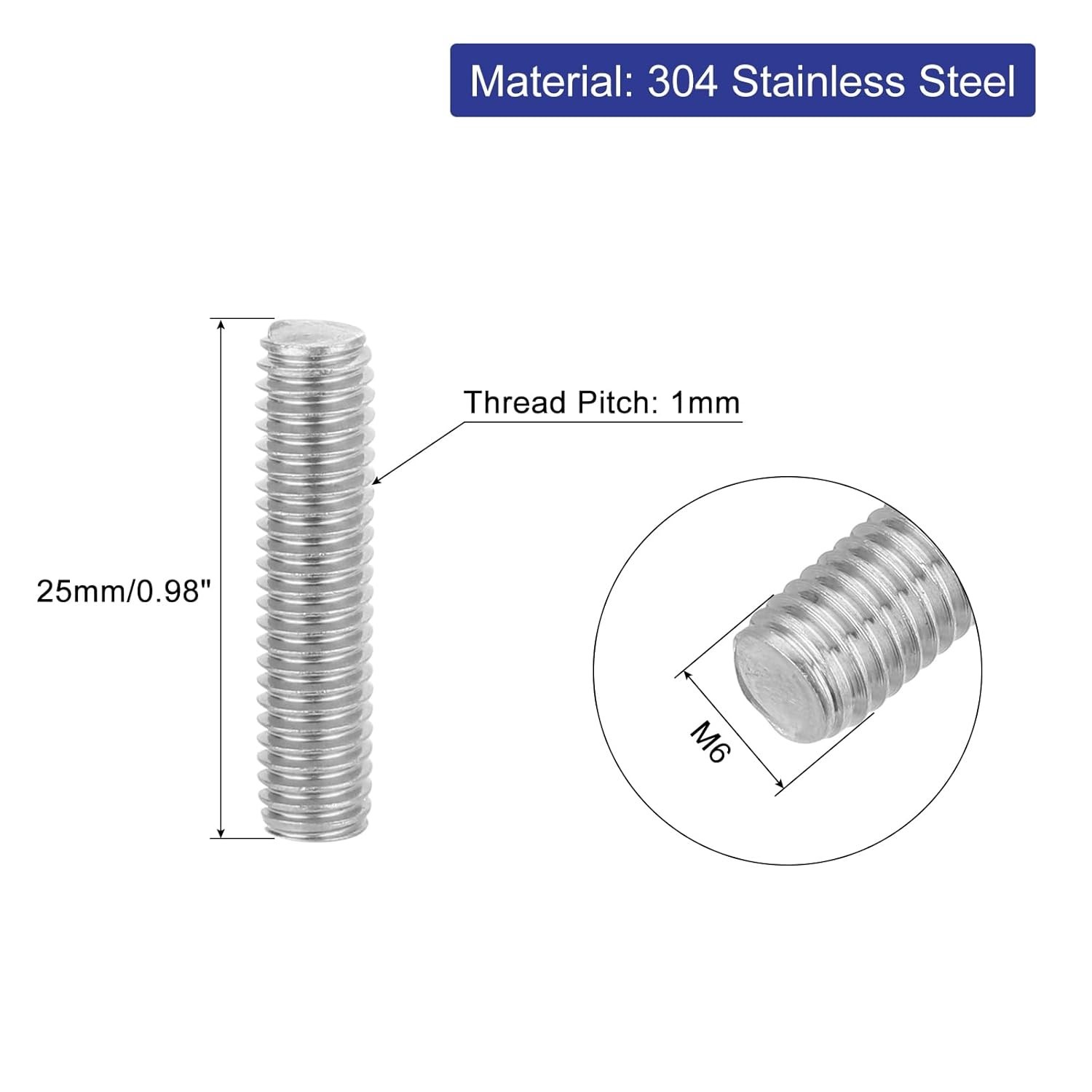 Durable 8pcs Fully Threaded Rods M6 x 25mm – Grade 304 Stainless Steel