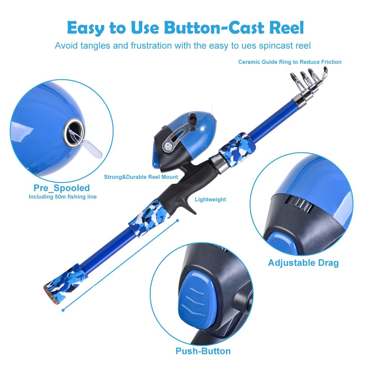 LEOFISHING Portable Kids Fishing Rod Set 2Pack 165cm, Blue and Orange