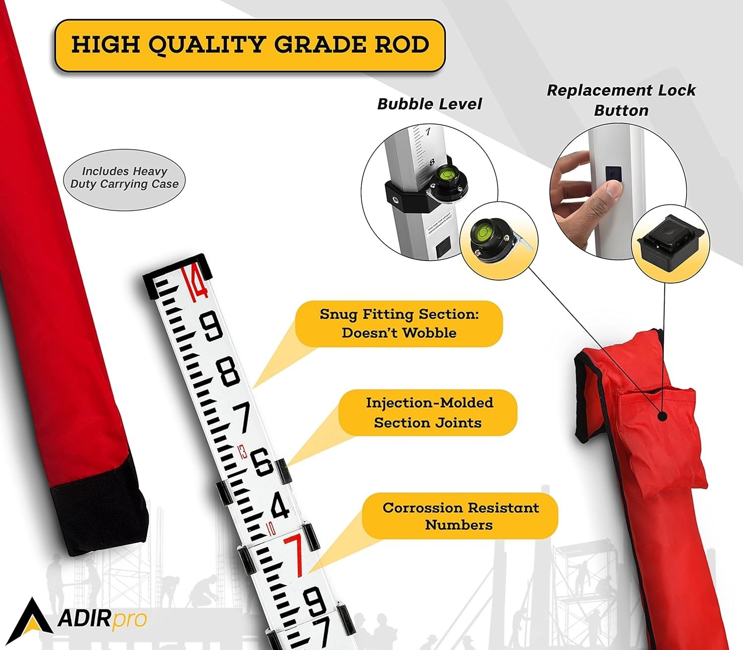 Extendable 14 ft Aluminum Grade Rod | Clear Dual Graduations & Soft Carrying Bag