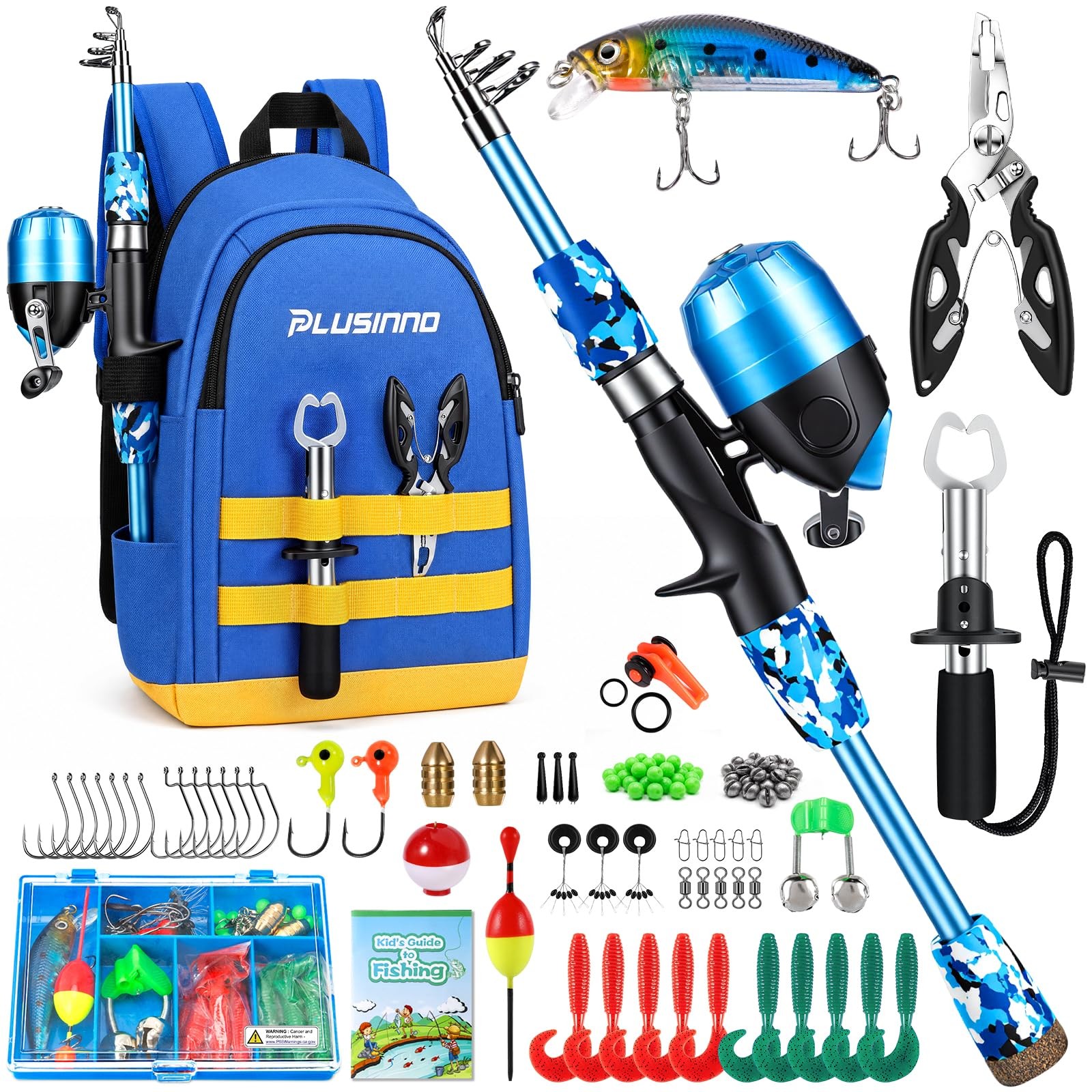 PLUSINNO Kids Fishing Pole, Telescopic Rod and 4.92 ft, Blue