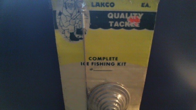 VINTAGE LAKCO COMPLETE ICE FISHING KIT – ROD JIG BELL HOLDER LINE BOBBER – #1