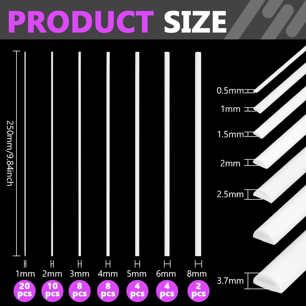 ABS Plastic Half Round Bar Rods 56 Pcs 7 Styles Solid Acrylic Dowel Model DIY