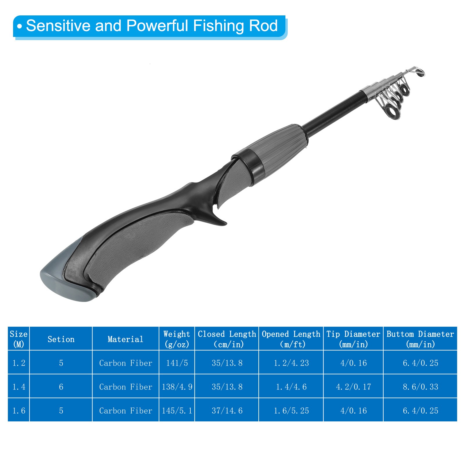 Telescopic Fishing Rod 1.2 M, Fiberglass Fishing Pole, Grey & Black