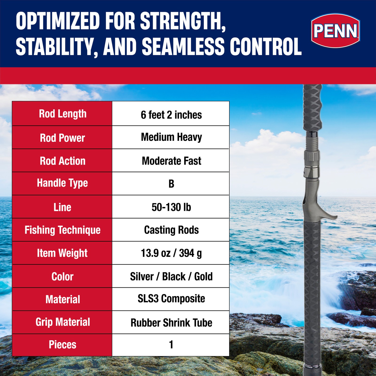 PENN Carnage III Conventional Jigging Rod, 6’2″ Pole, Heavy Power (Open Box)