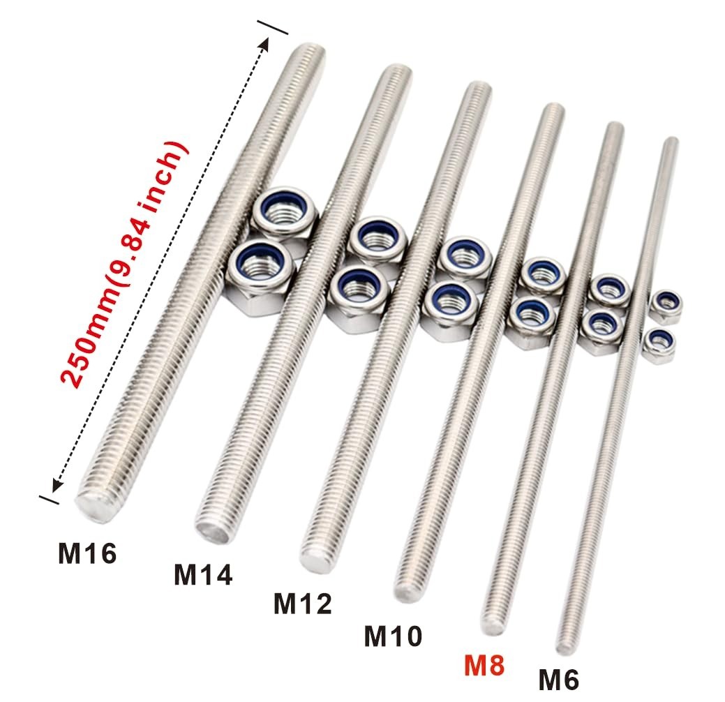 5 Pack M8x250mm Stainless Steel Threaded Rod Studs