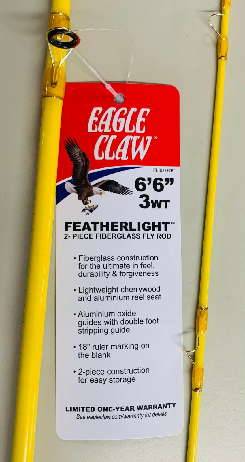 EAGLE CLAW Featherlight 3 Line Weight Fly Rod, 2 Piece (Yellow, 6′-6″) #FL300-66