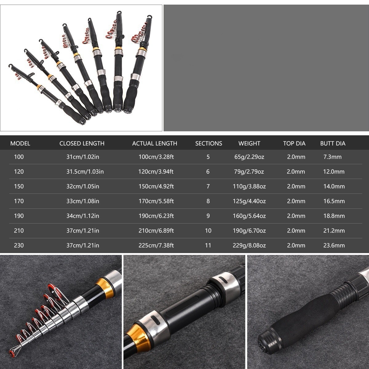 1.0m-2.3m Telescopic Fishing Rod with EVA Grip for Trout Super Short Portable