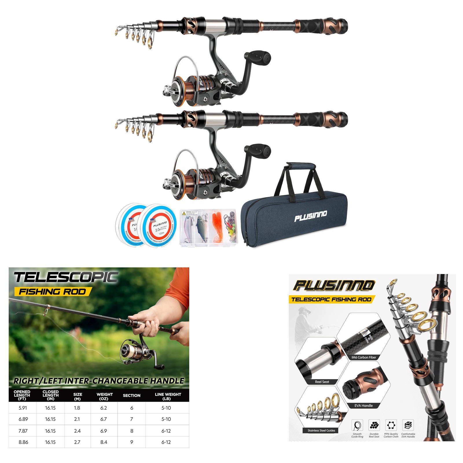 Fishing Rod and Reel Combo, Carbon Fiber Telescopic Pole, HA 3000 Reel, 12+1