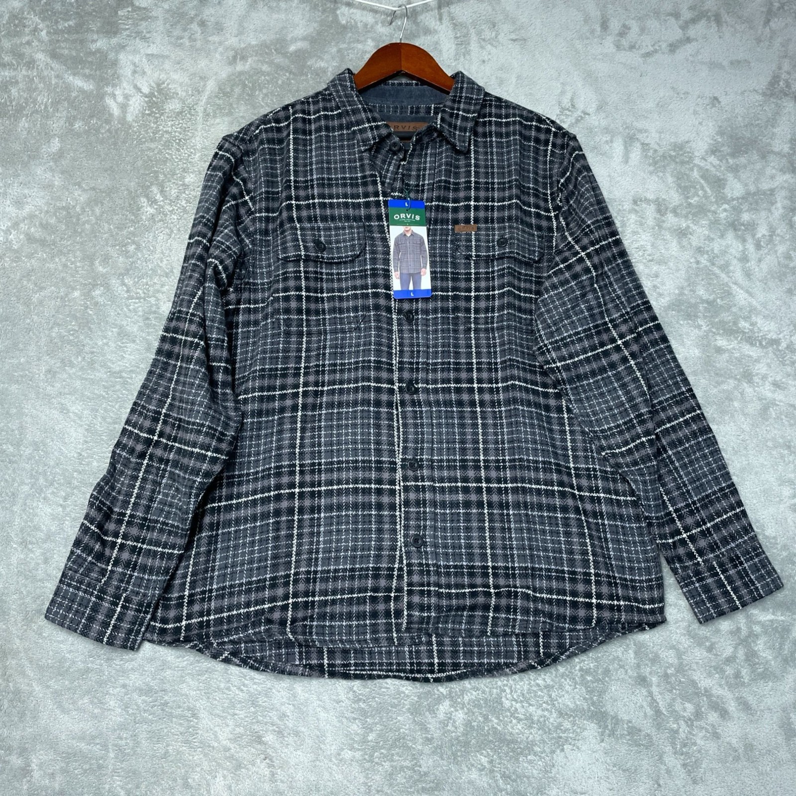 NWT Orvis Men’s L Gray Plaid Button-Up Shacket Flannel Side Pocket e1725